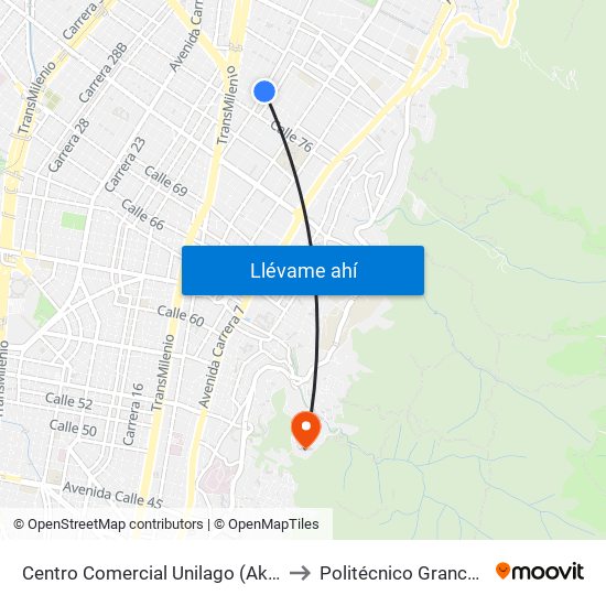 Centro Comercial Unilago (Ak 15 - Cl 77) (B) to Politécnico Grancolombiano map