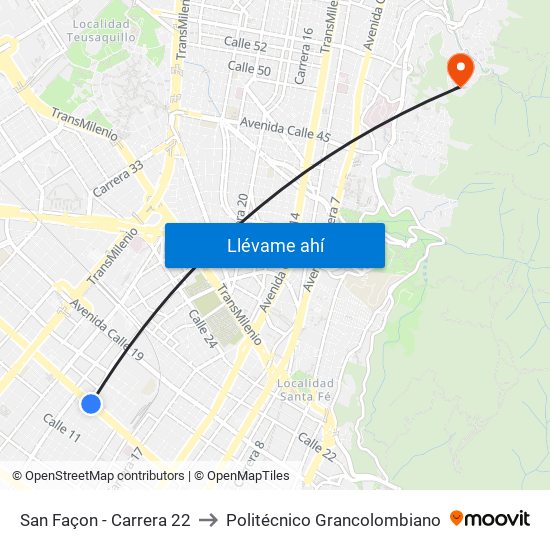 San Façon - Carrera 22 to Politécnico Grancolombiano map