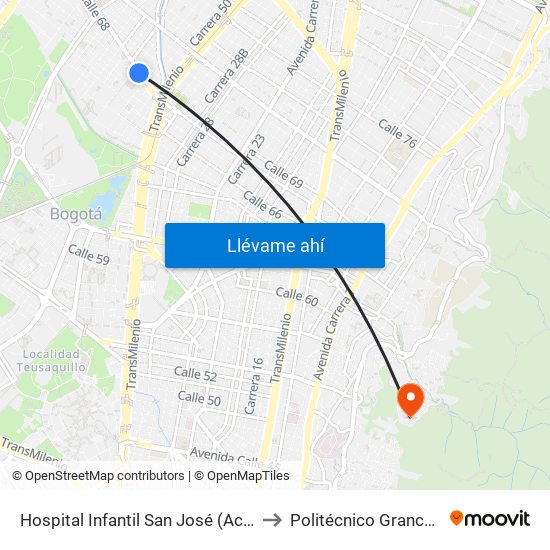 Hospital Infantil San José (Ac 68 - Kr 52) (B) to Politécnico Grancolombiano map