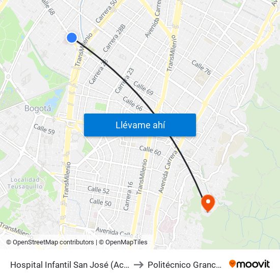 Hospital Infantil San José (Ac 68 - Kr 52) (B) to Politécnico Grancolombiano map