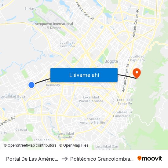 Portal De Las Américas to Politécnico Grancolombiano map