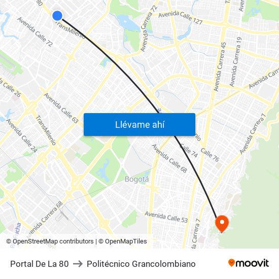 Portal De La 80 to Politécnico Grancolombiano map