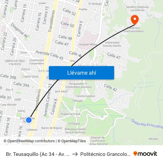 Br. Teusaquillo (Ac 34 - Av. Caracas) to Politécnico Grancolombiano map