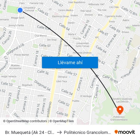 Br. Muequetá (Ak 24 - Cl 63c) to Politécnico Grancolombiano map