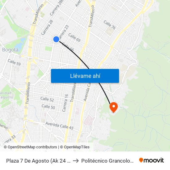 Plaza 7 De Agosto (Ak 24 - Cl 66) to Politécnico Grancolombiano map