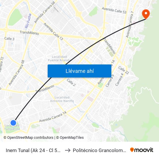 Inem Tunal (Ak 24 - Cl 52 Sur) to Politécnico Grancolombiano map