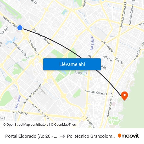 Portal Eldorado (Ac 26 - Tv 93) to Politécnico Grancolombiano map