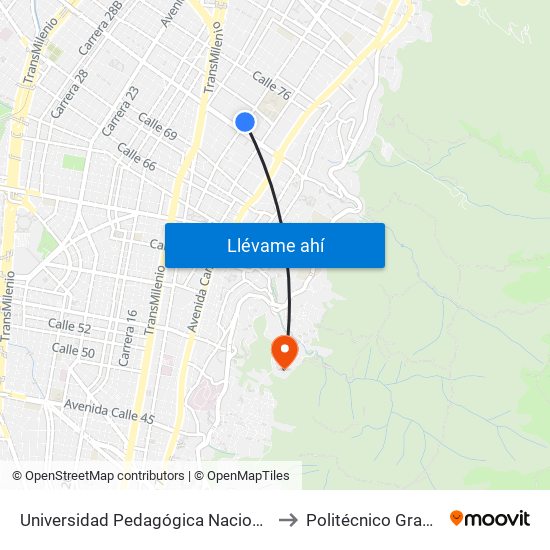 Universidad Pedagógica Nacional (Ak 11 - Ac 72) (A) to Politécnico Grancolombiano map
