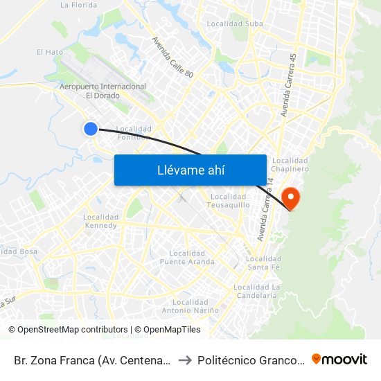 Br. Zona Franca (Av. Centenario - Kr 108a) to Politécnico Grancolombiano map