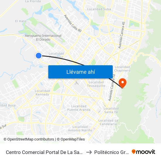 Centro Comercial Portal De La Sabana (Av. Centenario - Kr 106) to Politécnico Grancolombiano map