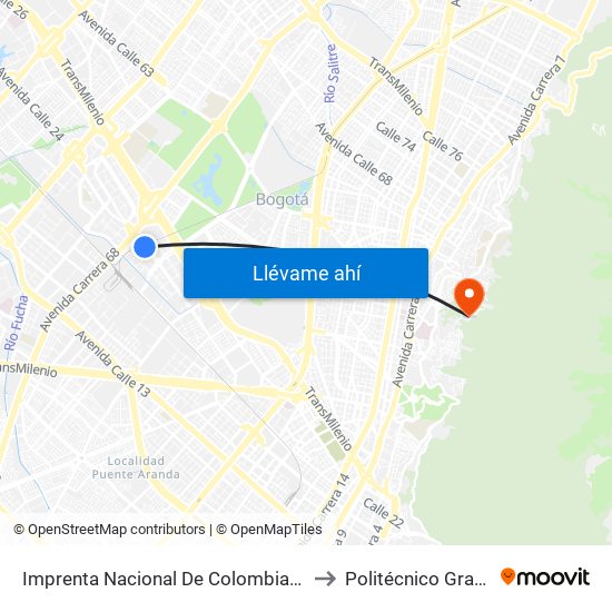 Imprenta Nacional De Colombia (Av. Esperanza - Kr 65) to Politécnico Grancolombiano map