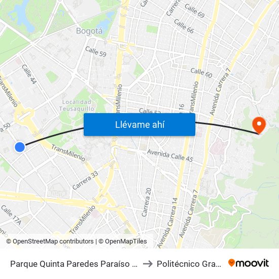 Parque Quinta Paredes Paraíso (Av. Esperanza - Kr 44) to Politécnico Grancolombiano map