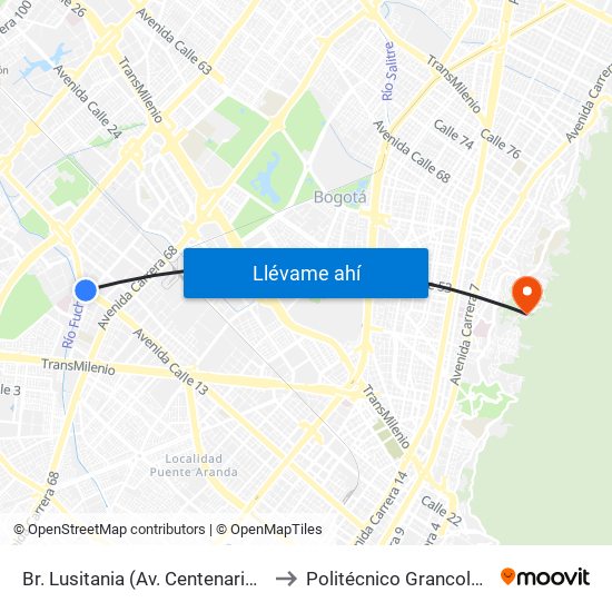 Br. Lusitania (Av. Centenario - Ak 68d) to Politécnico Grancolombiano map
