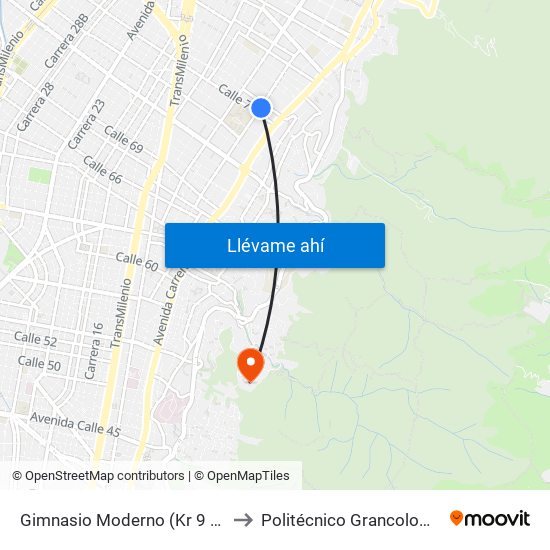 Gimnasio Moderno (Kr 9 - Cl 76) to Politécnico Grancolombiano map