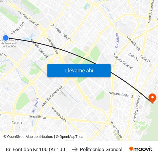 Br. Fontibón Kr 100 (Kr 100 - Cl 20) (A) to Politécnico Grancolombiano map