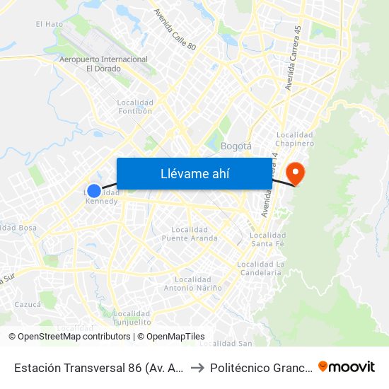 Estación Transversal 86 (Av. Américas - Kr 80c) to Politécnico Grancolombiano map