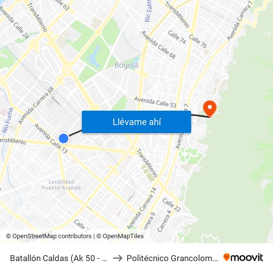 Batallón Caldas (Ak 50 - Cl 15) to Politécnico Grancolombiano map