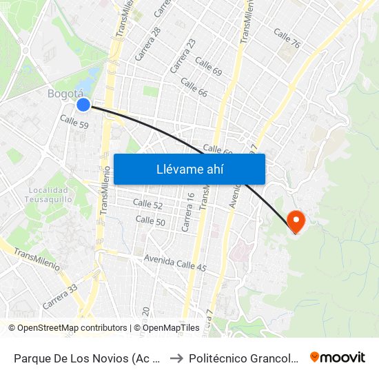 Parque De Los Novios (Ac 63 - Kr 45) to Politécnico Grancolombiano map
