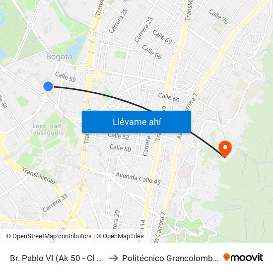 Br. Pablo VI (Ak 50 - Cl 57d) to Politécnico Grancolombiano map