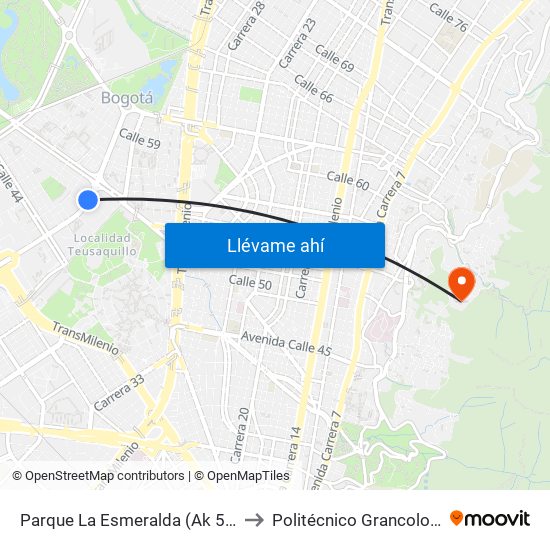 Parque La Esmeralda (Ak 50 - Cl 45) to Politécnico Grancolombiano map