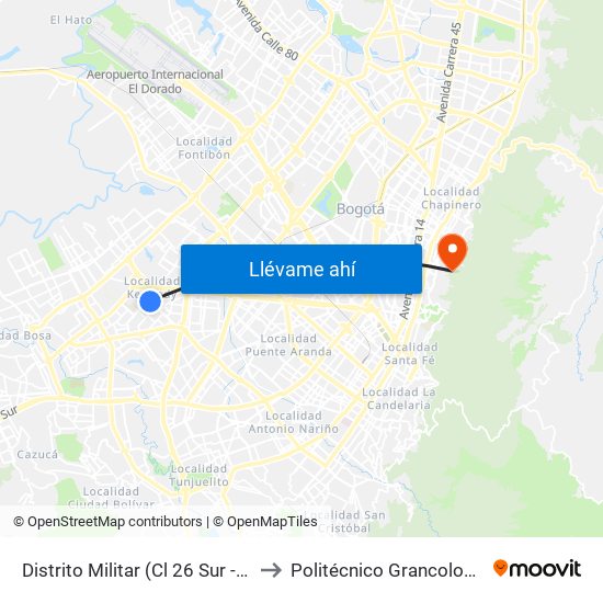 Distrito Militar (Cl 26 Sur - Kr 78h) to Politécnico Grancolombiano map