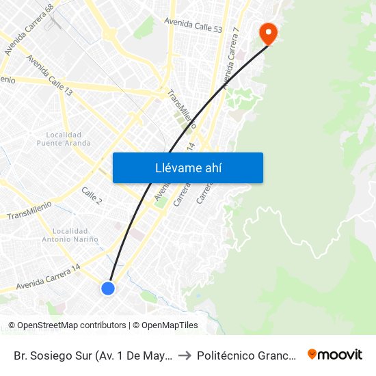 Br. Sosiego Sur (Av. 1 De Mayo - Kr 10a) (A) to Politécnico Grancolombiano map