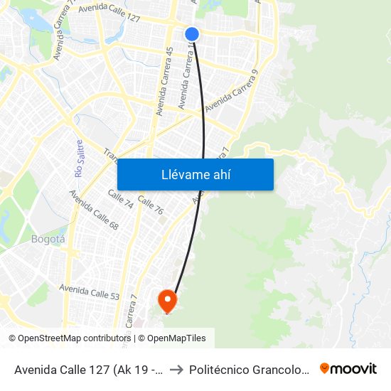 Avenida Calle 127 (Ak 19 - Cl 123) to Politécnico Grancolombiano map