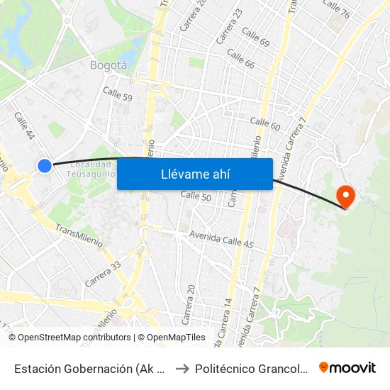 Estación Gobernación (Ak 50 - Ac 26) to Politécnico Grancolombiano map