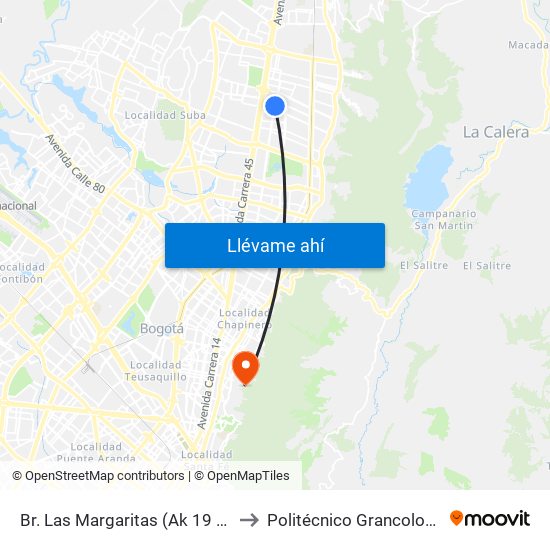 Br. Las Margaritas (Ak 19 - Cl 150) to Politécnico Grancolombiano map