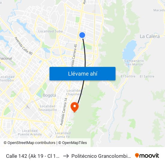 Calle 142 (Ak 19 - Cl 142) to Politécnico Grancolombiano map