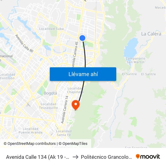 Avenida Calle 134 (Ak 19 - Ac 134) to Politécnico Grancolombiano map