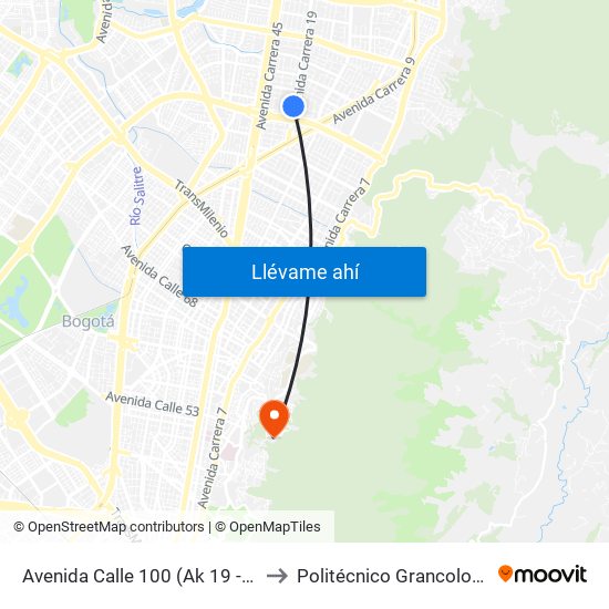 Avenida Calle 100 (Ak 19 - Ac 100) to Politécnico Grancolombiano map