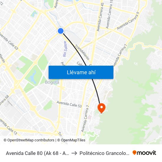 Avenida Calle 80 (Ak 68 - Ac 80) (A) to Politécnico Grancolombiano map