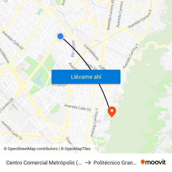 Centro Comercial Metrópolis (Ak 68 - Cl 76a) (A) to Politécnico Grancolombiano map