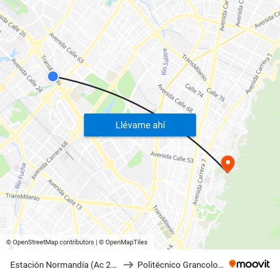 Estación Normandía (Ac 26 - Kr 74) to Politécnico Grancolombiano map