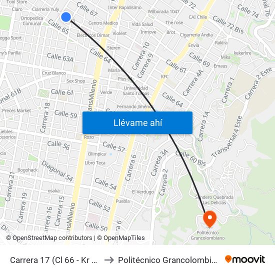 Carrera 17 (Cl 66 - Kr 17) to Politécnico Grancolombiano map