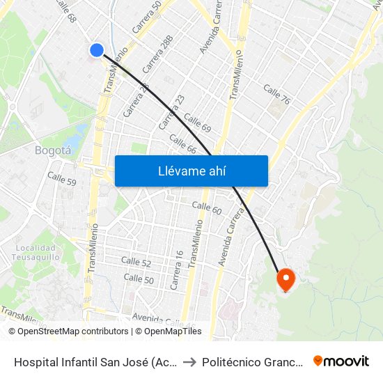 Hospital Infantil San José (Ac 68 - Kr 53) (A) to Politécnico Grancolombiano map