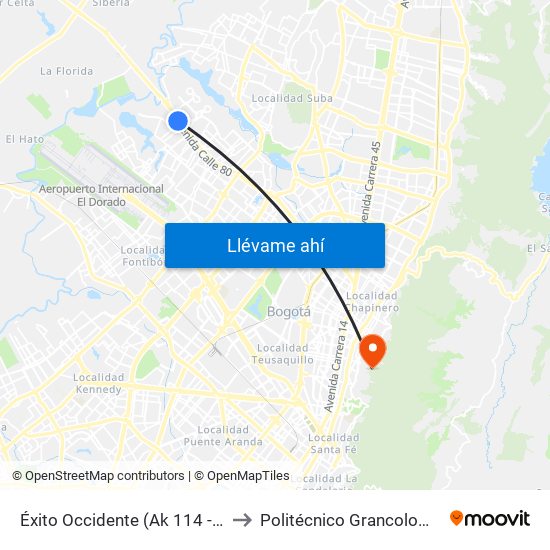 Éxito Occidente (Ak 114 - Cl 79) to Politécnico Grancolombiano map