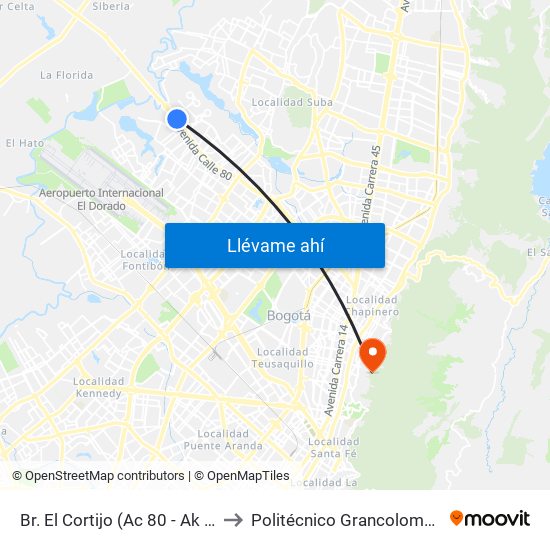 Br. El Cortijo (Ac 80 - Ak 114) to Politécnico Grancolombiano map