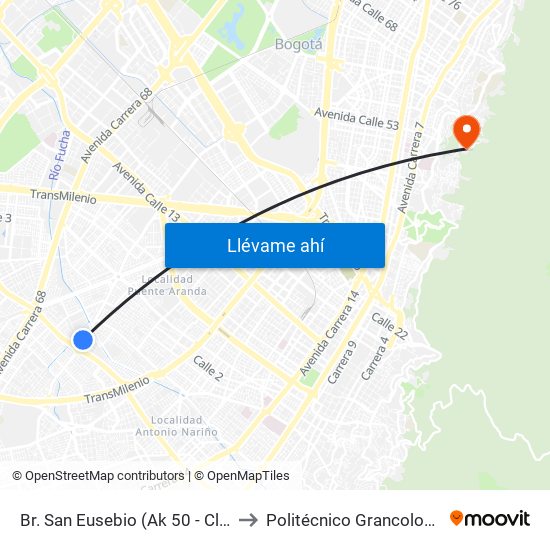 Br. San Eusebio (Ak 50 - Cl 22 Sur) to Politécnico Grancolombiano map