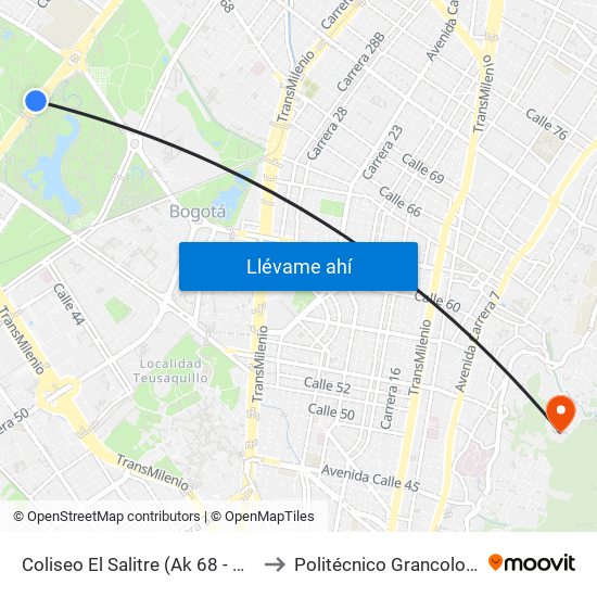 Coliseo El Salitre (Ak 68 - Ac 63) (A) to Politécnico Grancolombiano map