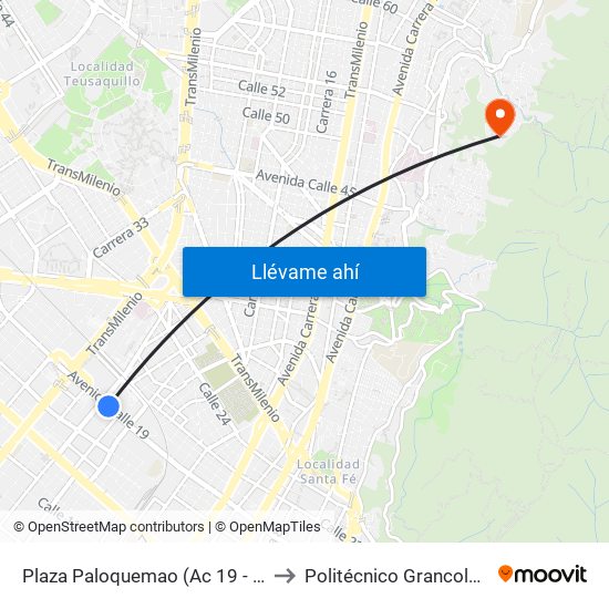 Plaza Paloquemao (Ac 19 - Kr 27) (A) to Politécnico Grancolombiano map