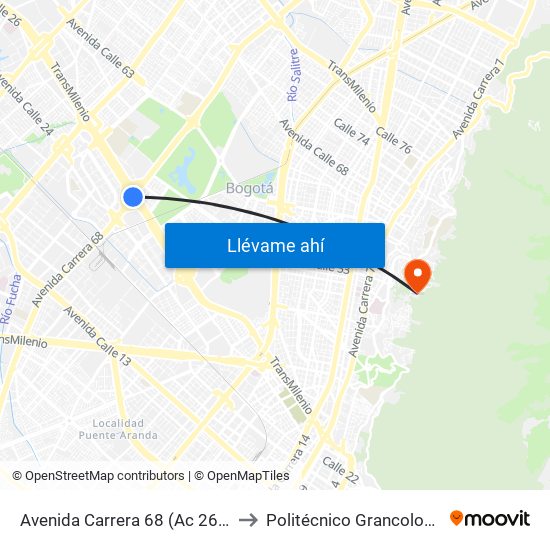 Avenida Carrera 68 (Ac 26 - Kr 68) to Politécnico Grancolombiano map