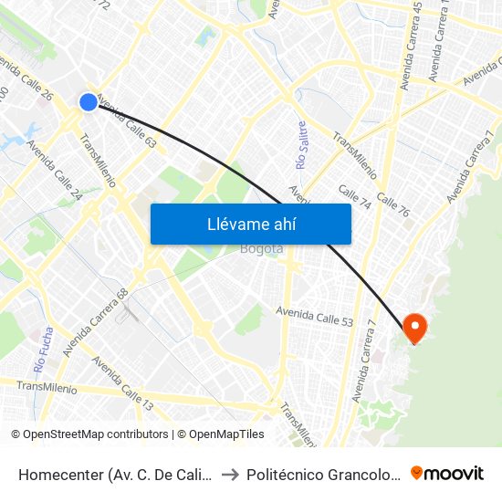 Homecenter (Av. C. De Cali - Cl 52a) to Politécnico Grancolombiano map