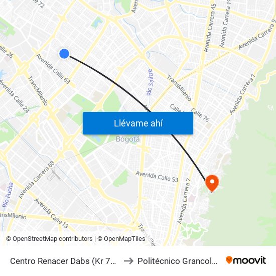 Centro Renacer Dabs (Kr 77a - Cl 64j) to Politécnico Grancolombiano map