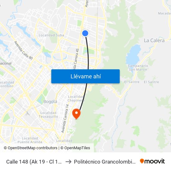 Calle 148 (Ak 19 - Cl 148) to Politécnico Grancolombiano map