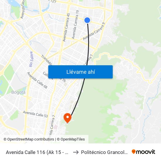 Avenida Calle 116 (Ak 15 - Ac 116) (A) to Politécnico Grancolombiano map