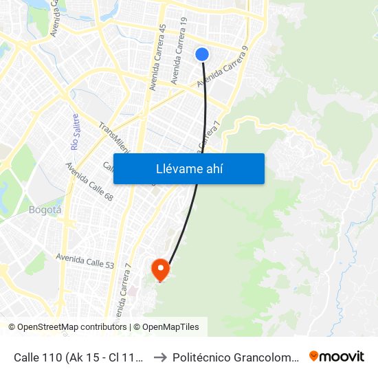 Calle 110 (Ak 15 - Cl 110) (A) to Politécnico Grancolombiano map