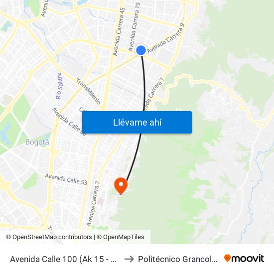 Avenida Calle 100 (Ak 15 - Ac 100) (A) to Politécnico Grancolombiano map