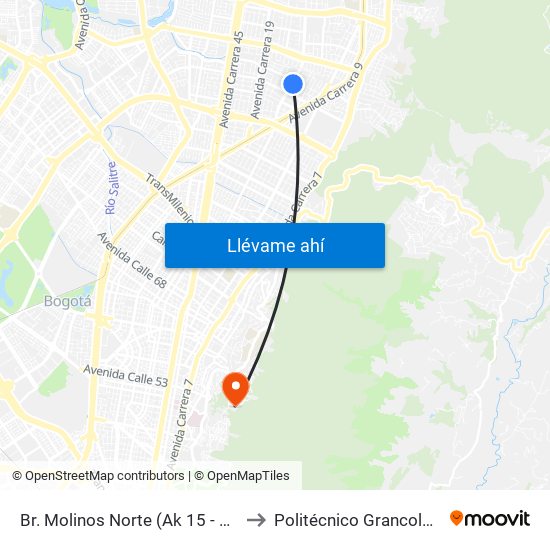 Br. Molinos Norte (Ak 15 - Cl 106) (A) to Politécnico Grancolombiano map